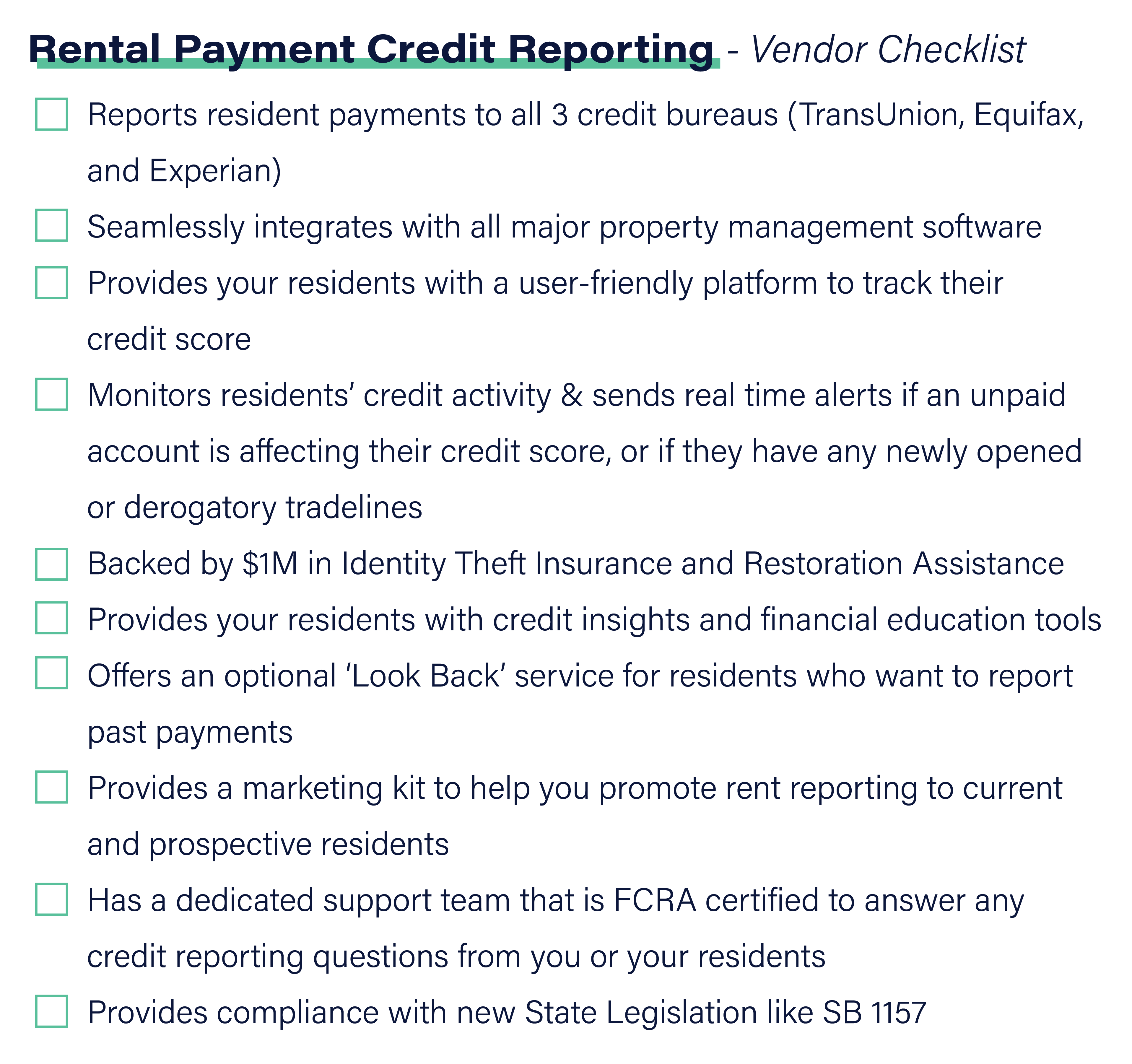 rental payment credit reporting vendor checklist