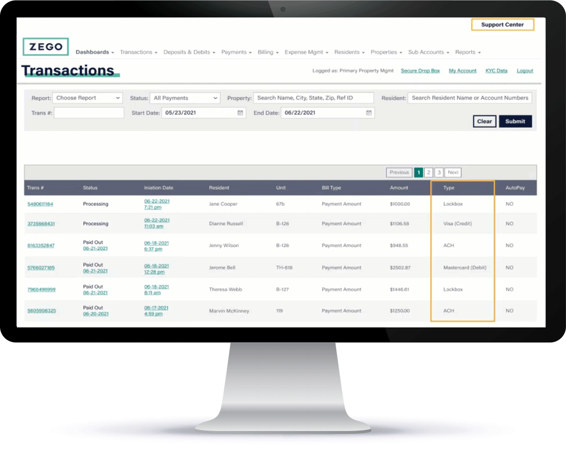 Screenshot of Zego's Lockbox, a property management lockbox, a fully integrated, comprehensive, and contactless payment solution for property management companies and homeowner associations.