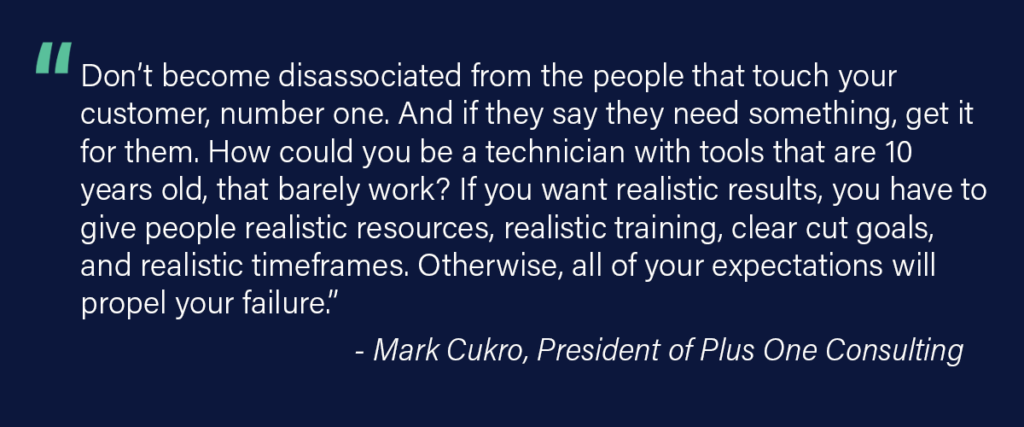 Quote stating importance of training and connecting with employees can reduce property management turnover from Mark Cukro, President of Plus One Consulting 