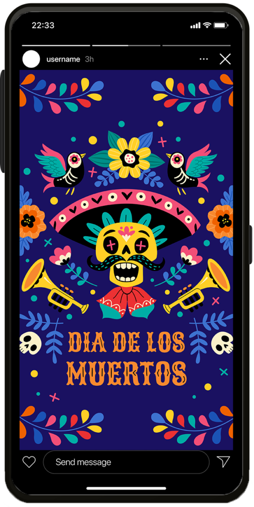 An screenshot of an Instagram story template for Dia de los Muertos. Property managers can utilize this Instagram story template for an apartment resident event for Dia de los Muertos. 
