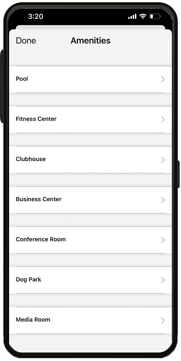 Zego mobile doorman content tile: amenities screenshot