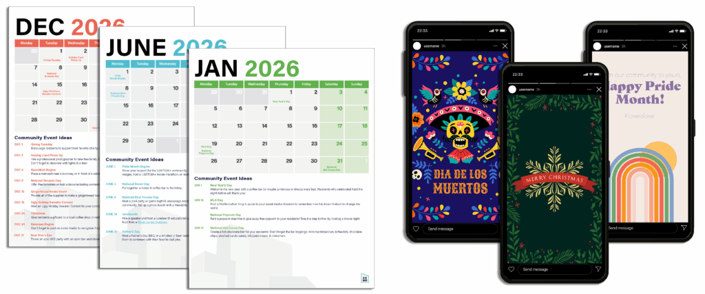 Need help coming up with resident event ideas? Download our custom resident event idea calendar chock-full of 82 unique and seasonal community get-togethers.